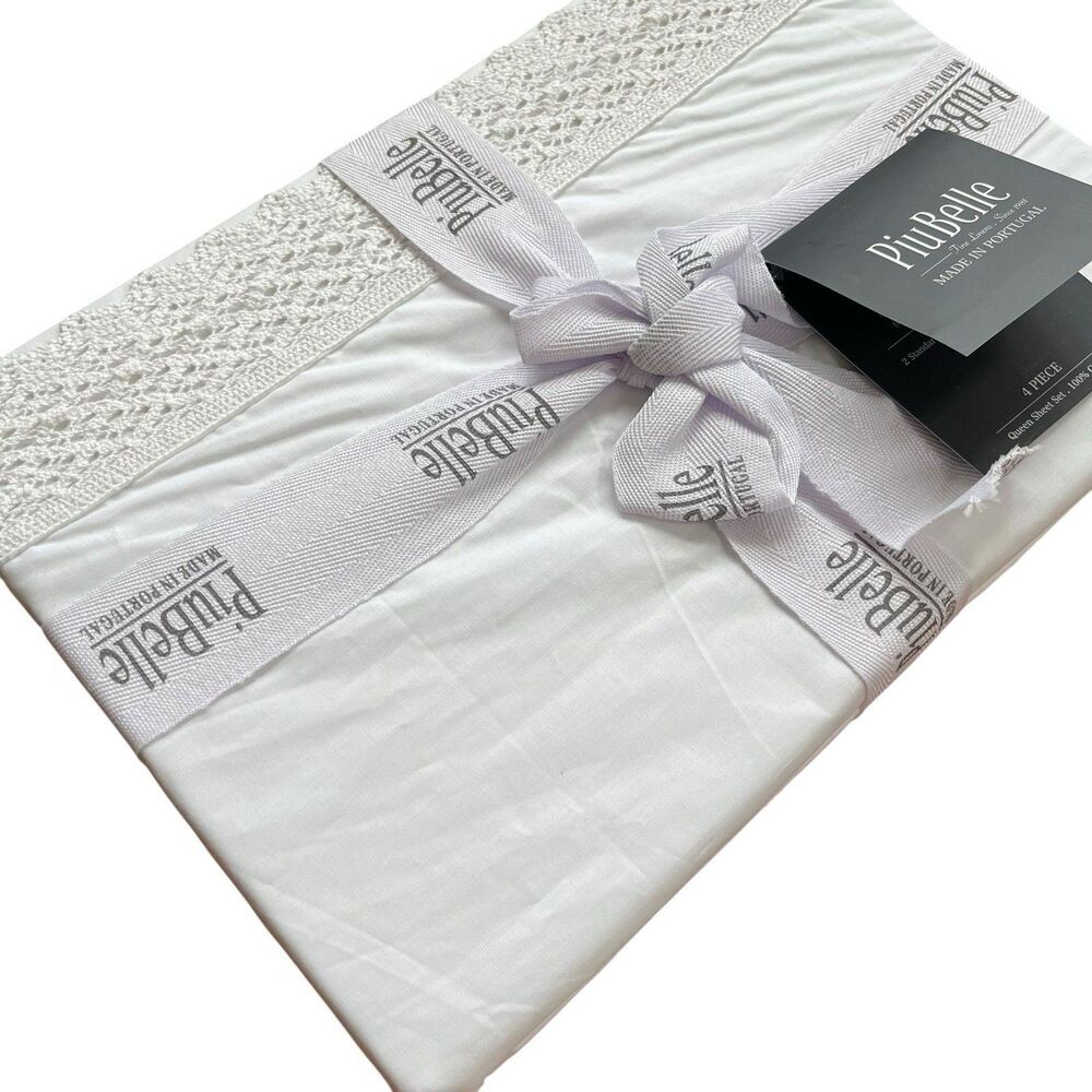 PiuBelle Portugal White Queen Sheets 4PC Cotton Percale Crochet Lace Cottage New